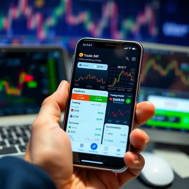 Smartphone displaying various trading app interfaces with charts and investment options