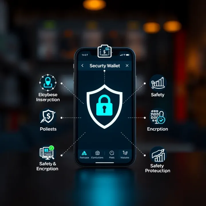 Secure digital wallet with safety icons illustrating encryption and protection features