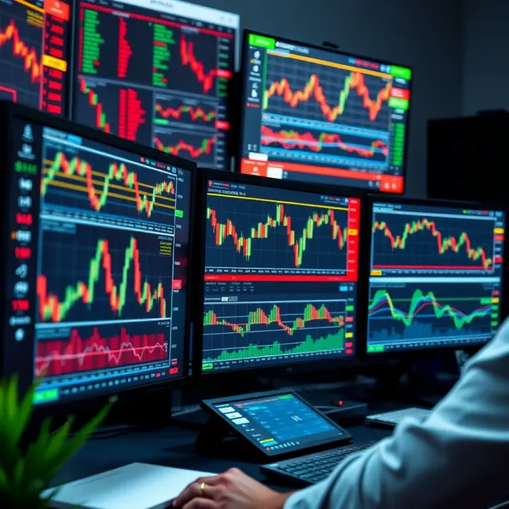Multi-Monitor Trading Setup Featuring Forex Platforms and Market Data Desktop setup showing multiple monitors with forex trading platforms and graphs