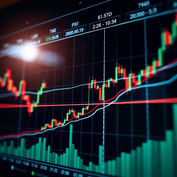 Graph showing upward trend lines and candlestick patterns representing live forex market analysis