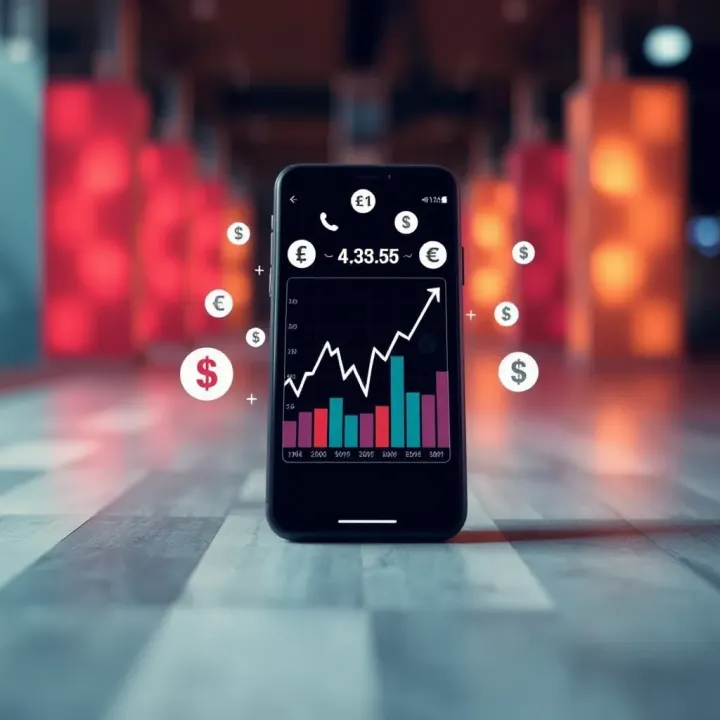 Illustration of a smartphone with icons of stocks, currency symbols, and upward trend lines around it