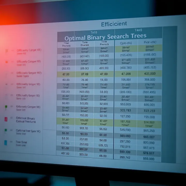 Efficiency Comparison of Optimal Binary Search Trees and Other Structures Comparison chart showing efficiency and time complexity of optimal binary search trees versus other tree types