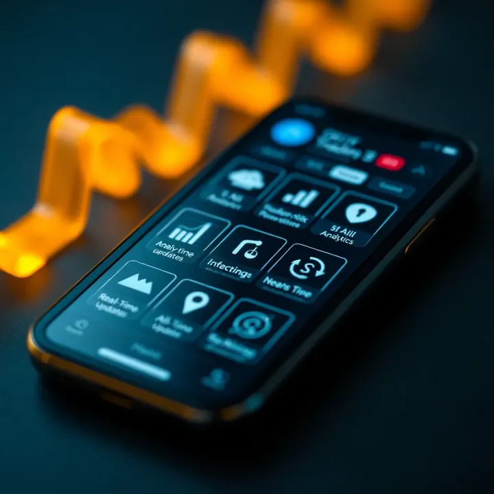 Smartphone showing key features of an oil trading app with icons for analytics, security, and real-time updates