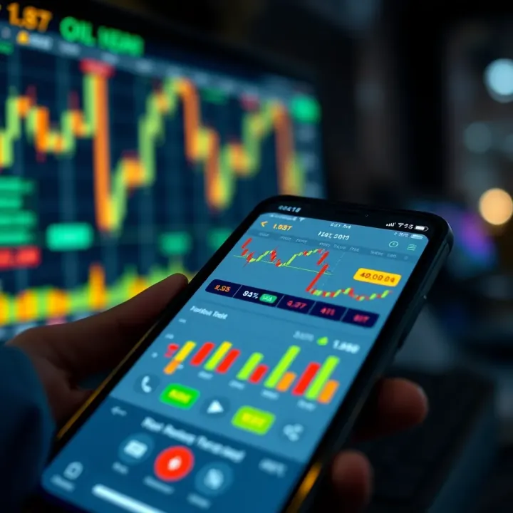 Mobile phone displaying a trading app interface with oil market charts and graphs
