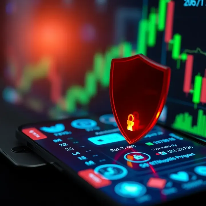 Illustration of a secure mobile trading environment with currency icons and shield symbol