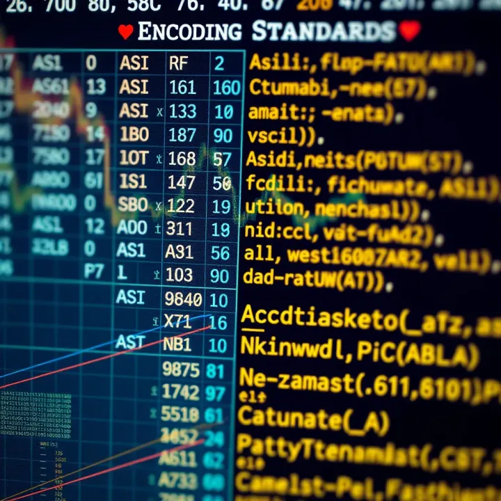 Chart illustrating different encoding standards including ASCII and Unicode with examples of encoded characters