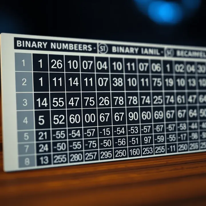 Table showing binary digits and their decimal equivalents from one to fifteen