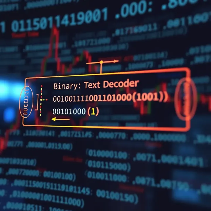Diagram showing conversion of binary code into readable text through decoding