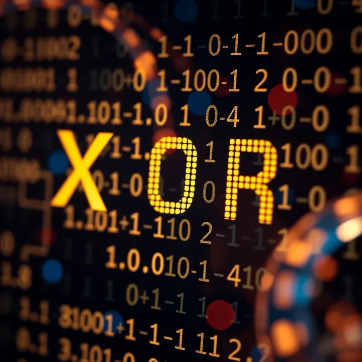 Visualization of binary XOR operation showing bitwise comparison between two binary numbers resulting in a third binary number