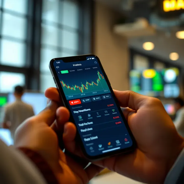 Mobile phone displaying a trading app interface with stock charts and investment options