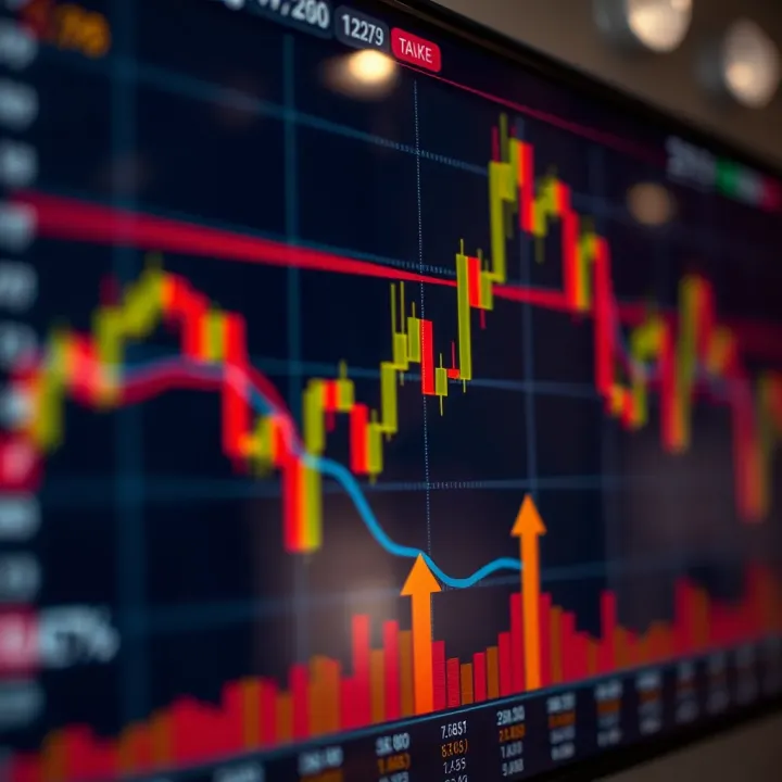 Graph depicting currency value fluctuations with arrows indicating trading trends and market analysis