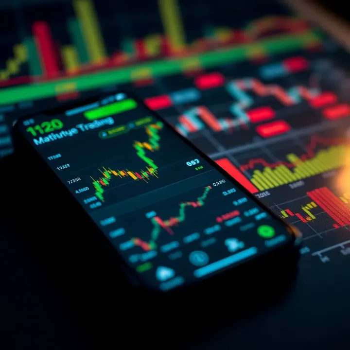 Smartphone displaying financial charts and trading app interface