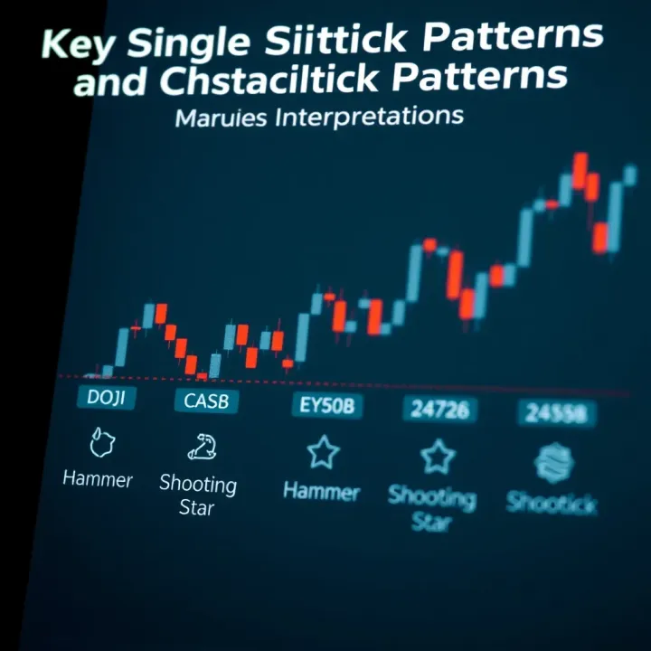 Illustration showing various single candlestick patterns like Doji, Hammer, and Shooting Star with clear labels