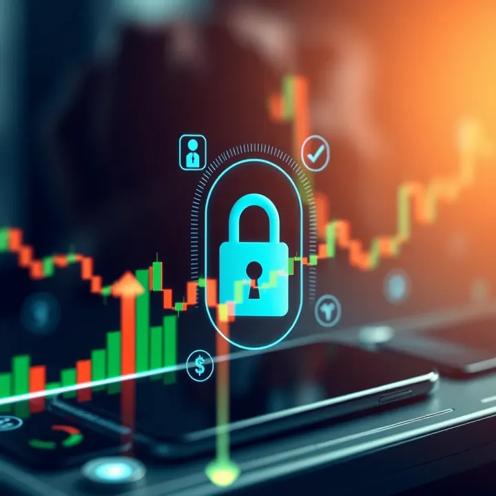 Conceptual representation of secure mobile trading featuring digital lock and financial icons