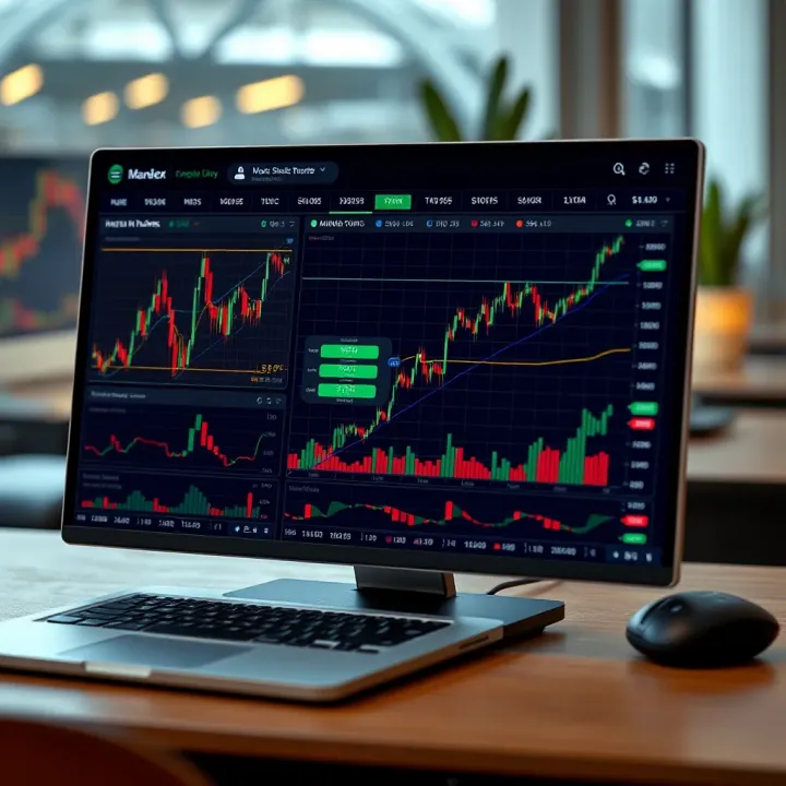 User interface of a simulated stock trading platform with market charts and portfolio overview