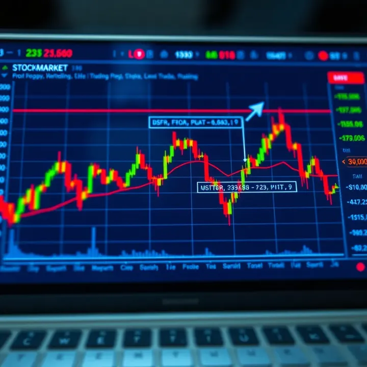 Graph showing simulated stock market trading with fluctuating prices on a digital platform