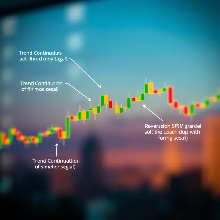 Candlestick Formations Highlighting Trend Continuation and Reversal Indicators Illustration of candlestick formations with annotations explaining trend continuation and reversal signals