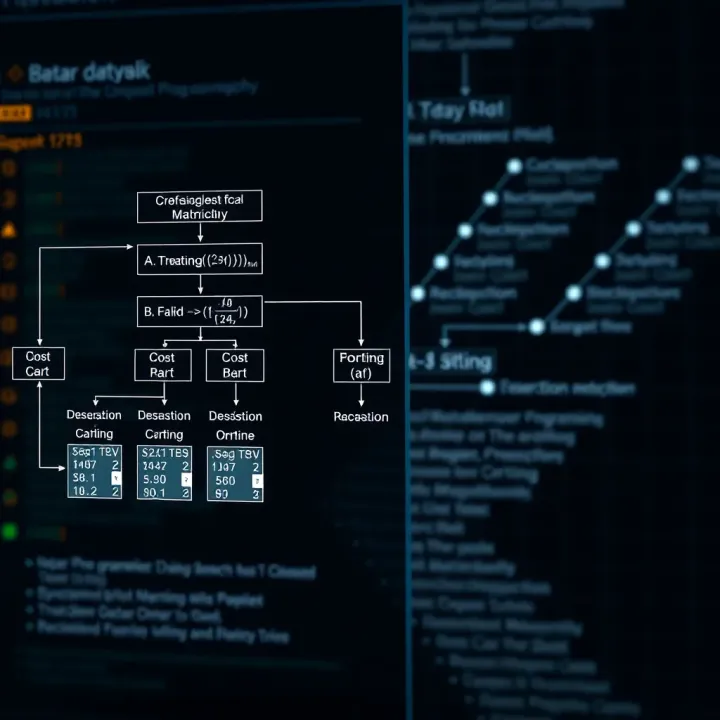 Flowchart depicting dynamic programming approach to constructing optimal binary search trees with cost matrices and decision points